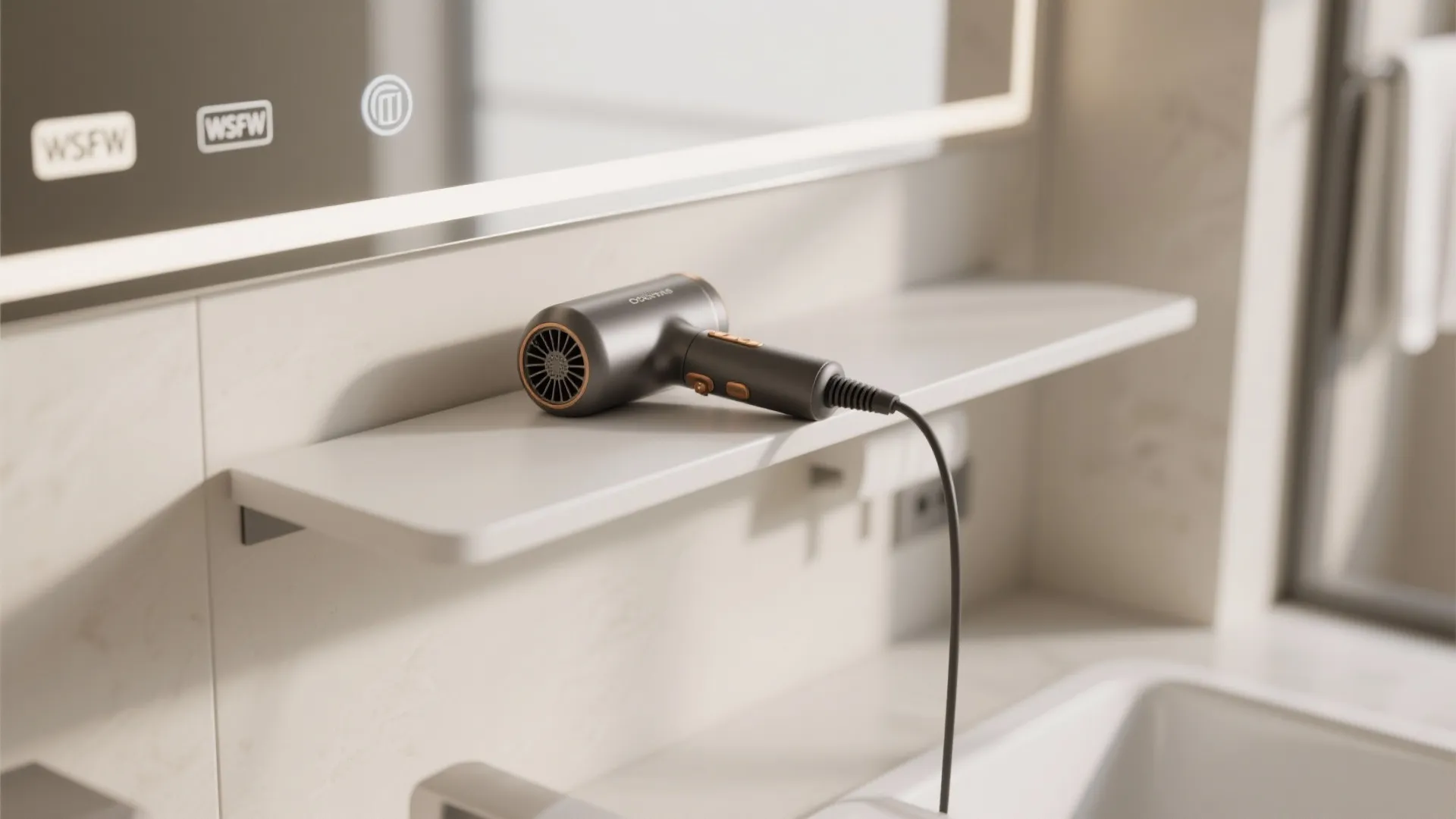 Modern black hair dryer sitting on white wall shelf under bathroom mirror with touch buttons