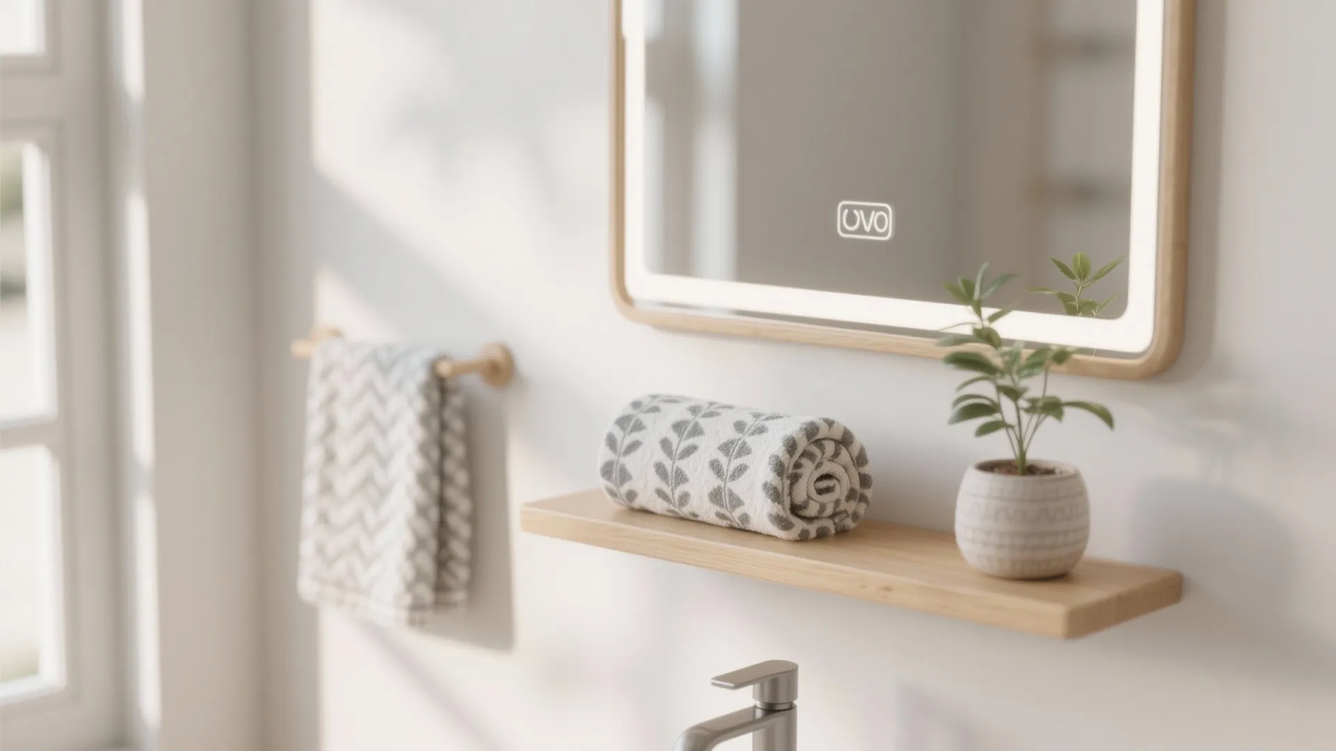 Wooden floating shelf under a bathroom mirror holding a rolled towel and a small green plant
