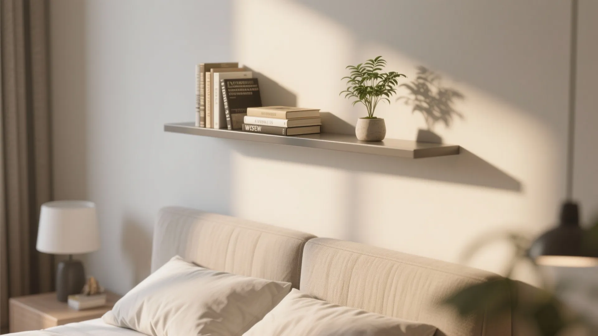Modern bedroom floating shelf with books and small green plant above a beige fabric headboard