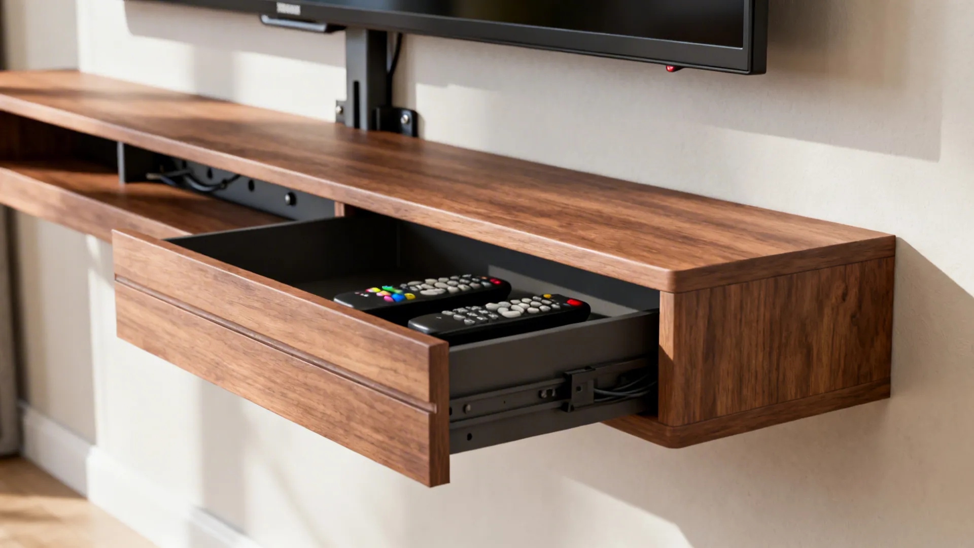 Close-up of a wall-mounted floating TV shelf with hidden drawer and cable compartment