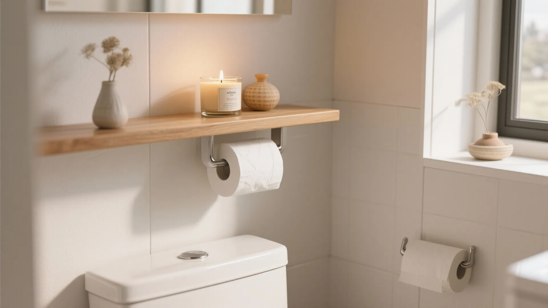 Modern bathroom floating wood shelf with candle above toilet paper roll and clean white walls