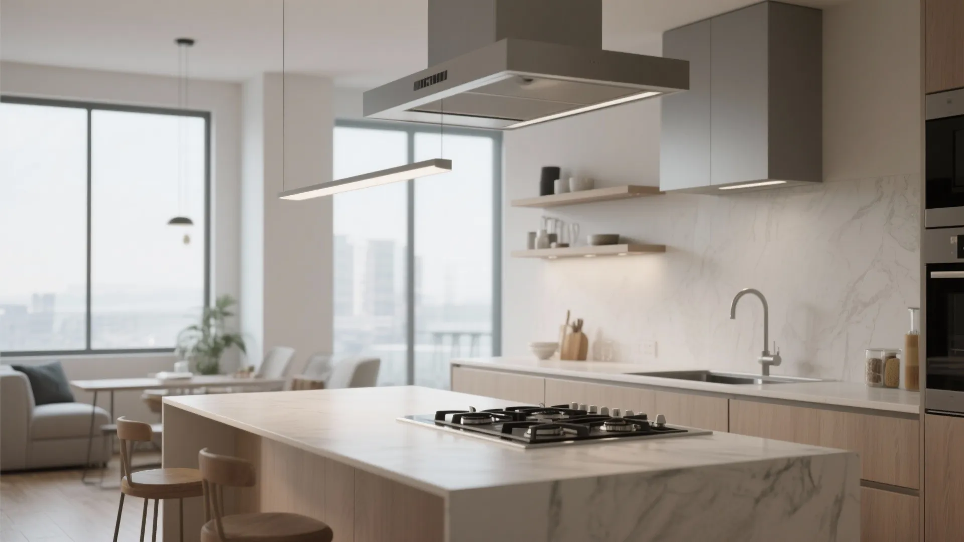 Open plan kitchen island with marble top wooden stools linear ceiling light and large windows