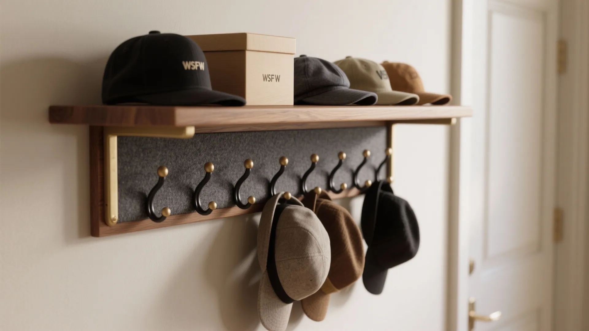 Shallow floating shelf with hat boxes above and a row of padded hooks below holding everyday hats.