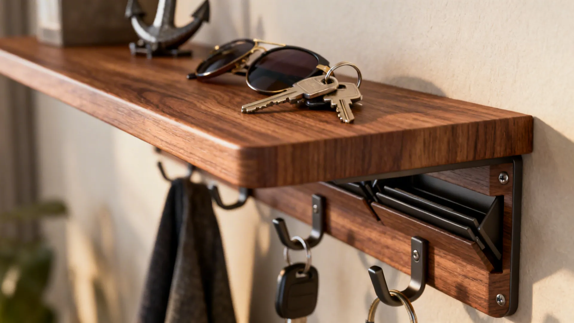 Close-up of a slim floating shelf with hidden fold-away hooks and keys