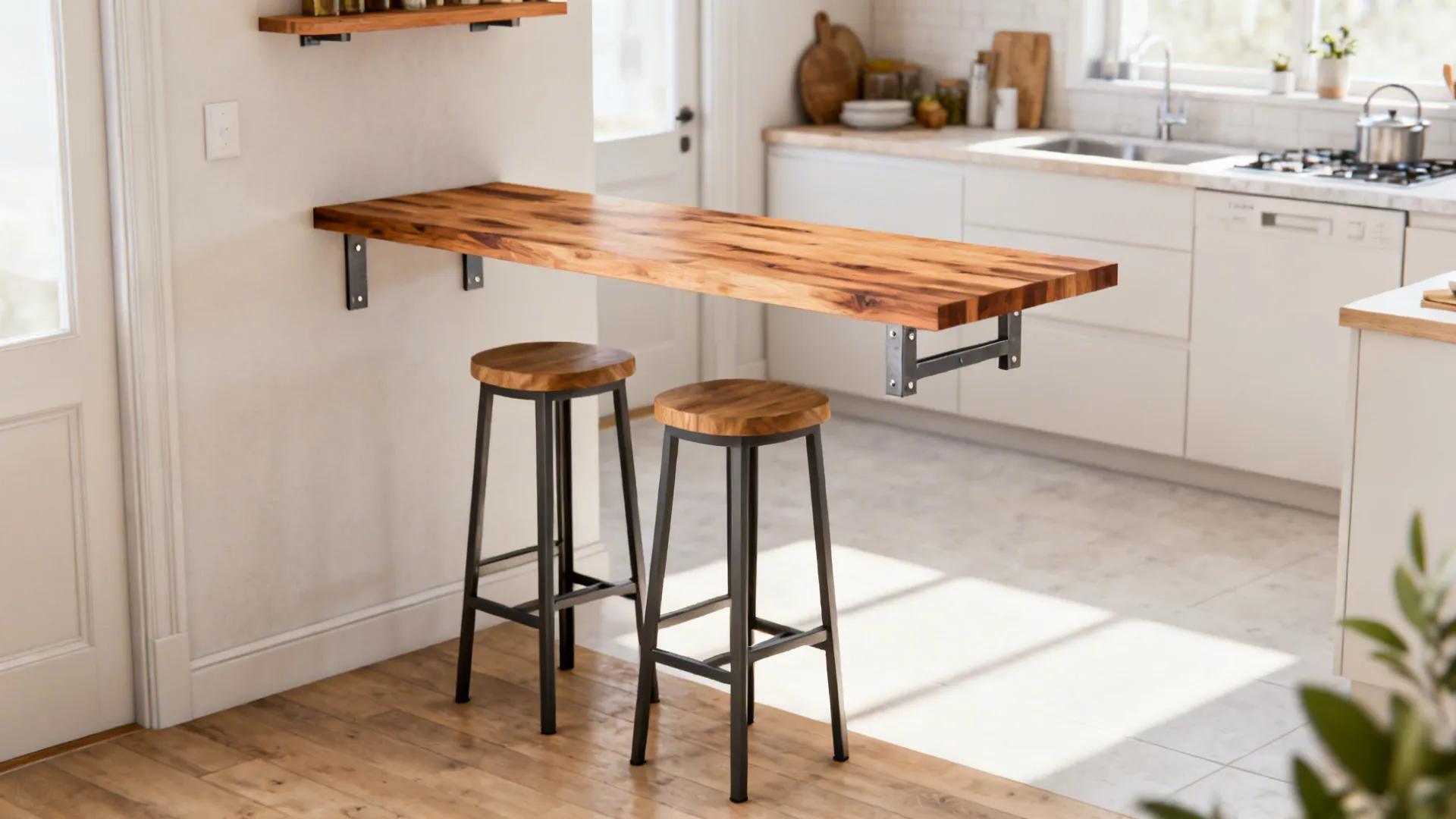 Floating shelf island at bar height with stools slid underneath in a compact kitchen.