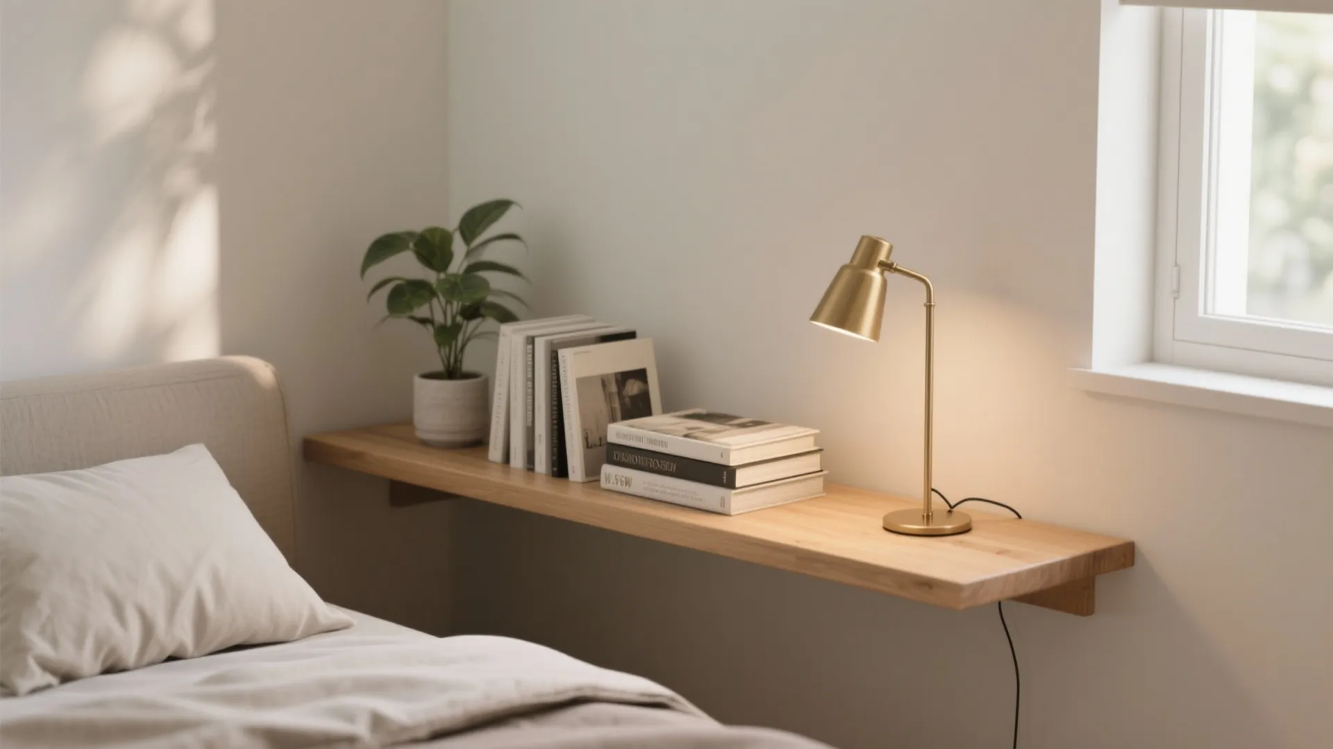 1. Floating shelf with a slim lamp