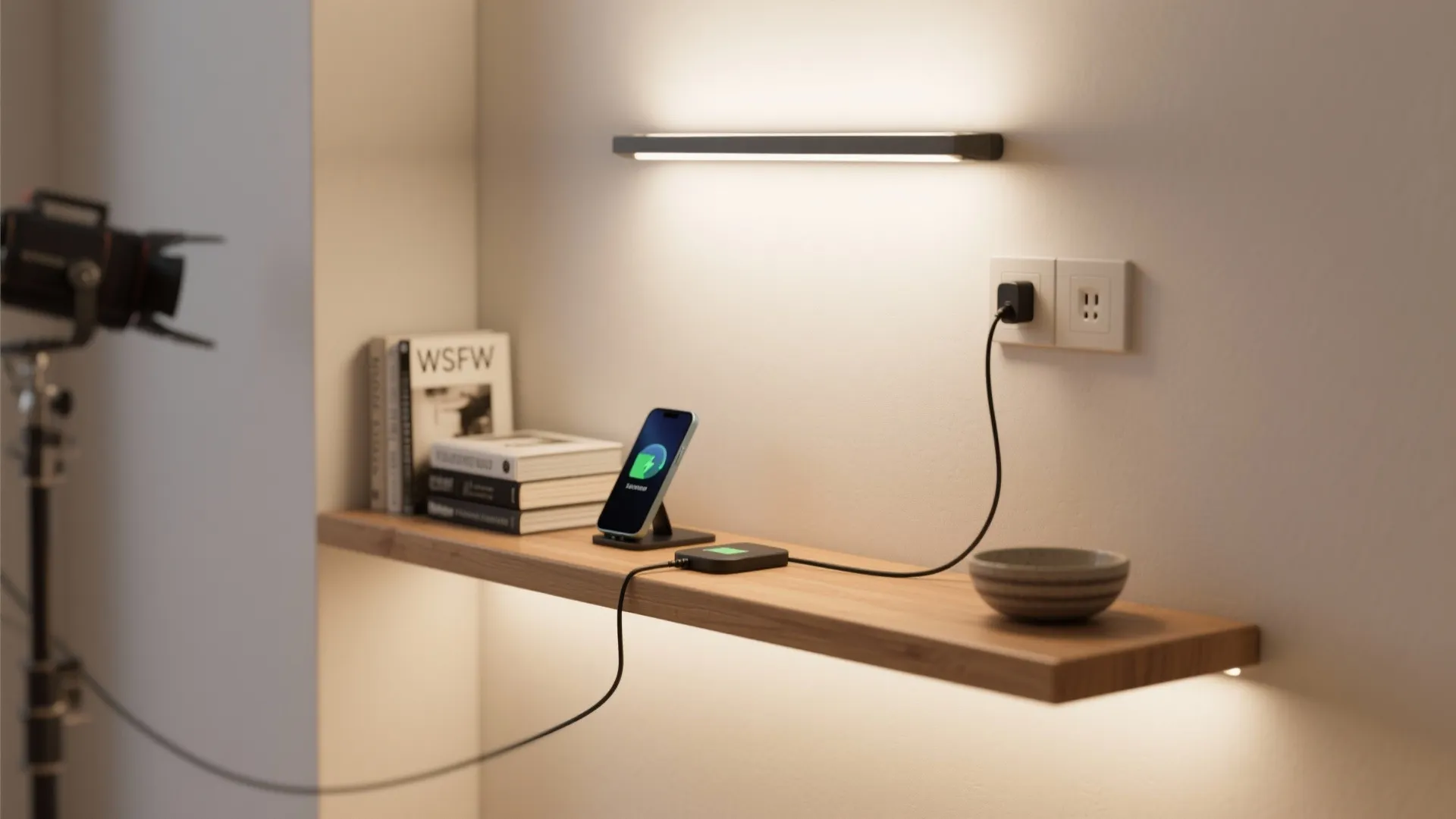 Slim plug-in wall light above a floating shelf used as a compact command center in a studio apartment.