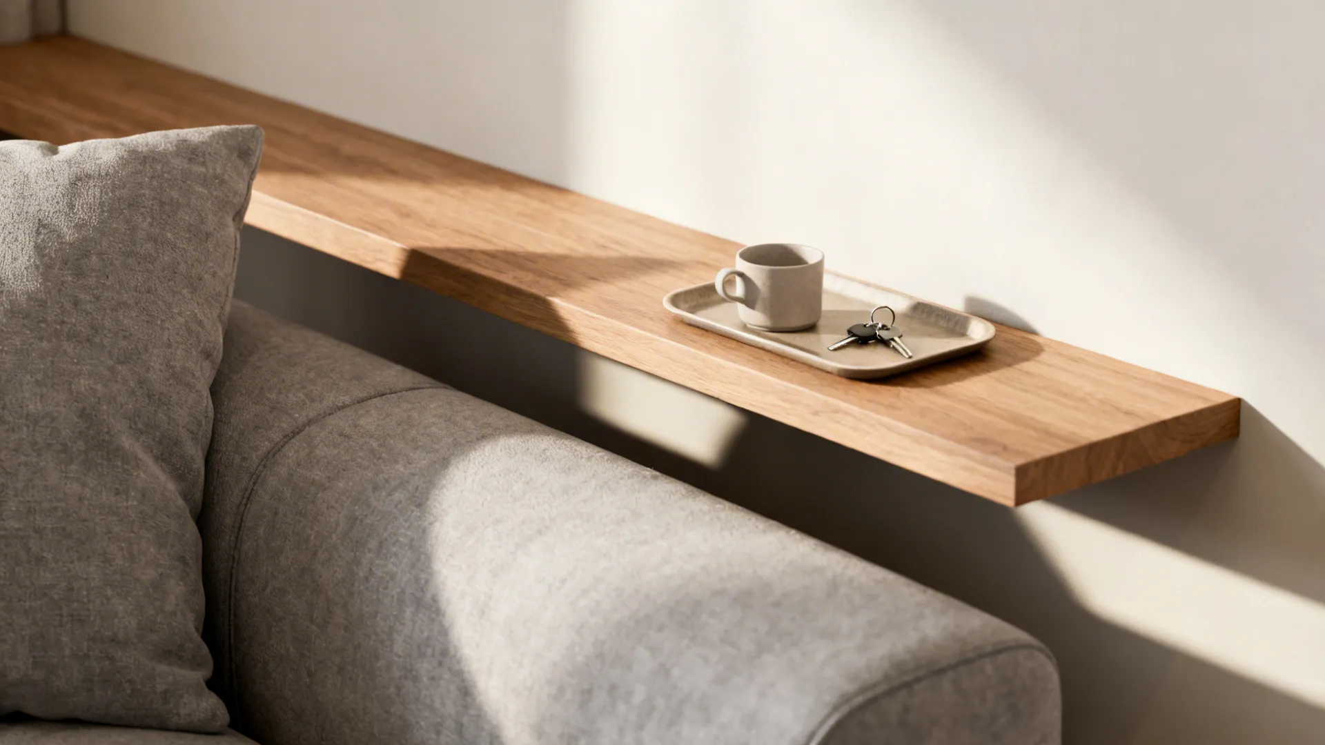 Wooden floating shelf behind grey sofa with tray holding a small cup and house keys