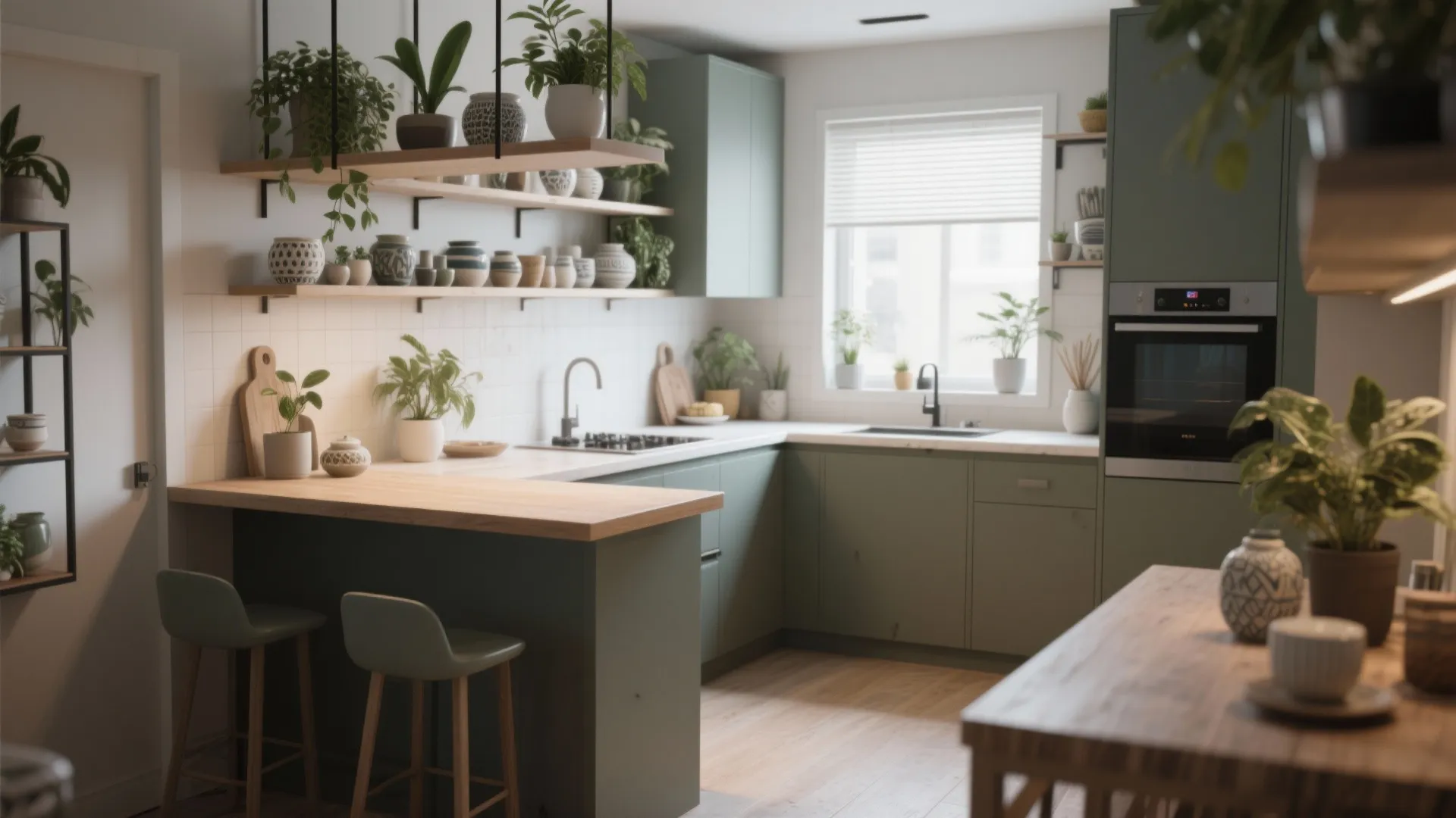 Green kitchen cabinets with wooden countertops open shelves many plants and small breakfast bar stools