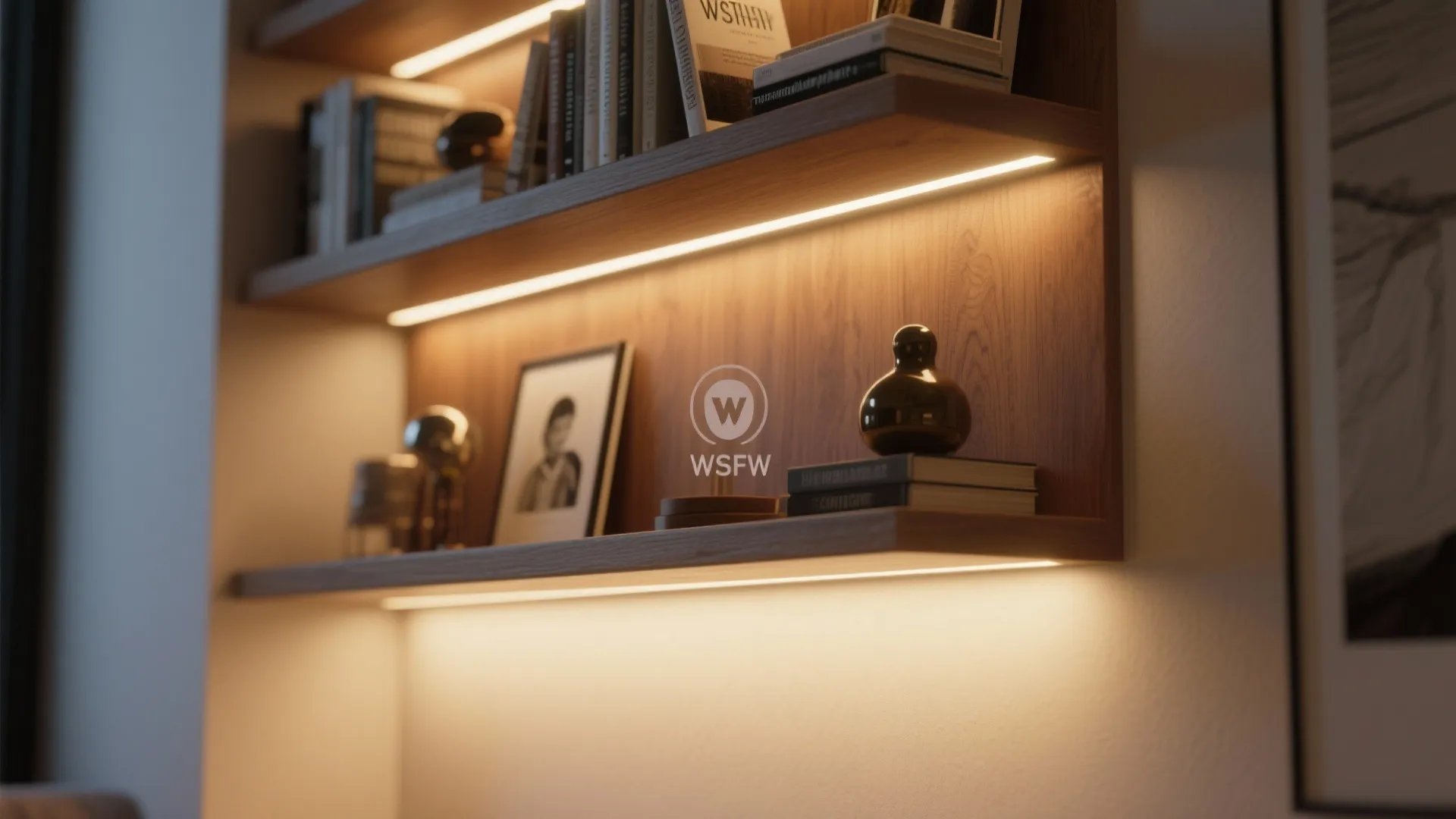 Floating wooden shelf with warm LED lighting under edge