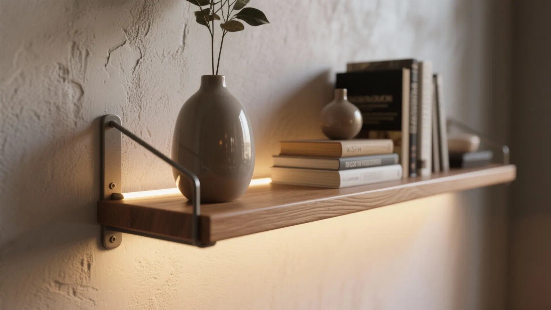 Minimal floating shelves with hidden lighting