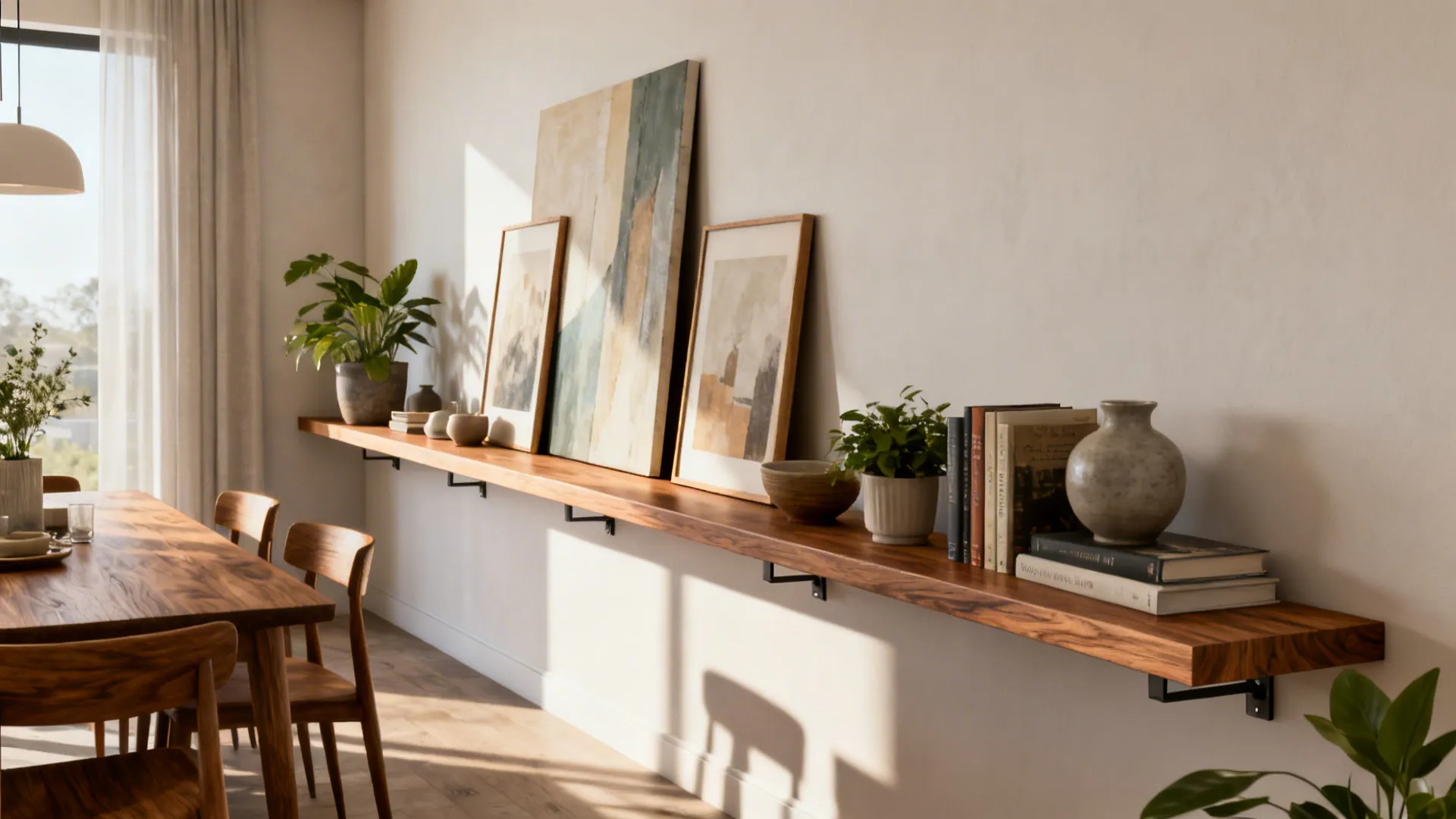 Long wooden floating shelf with art frames plants books and vase in bright dining room