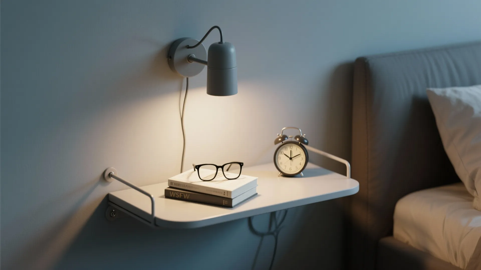 3. Opt for a floating bedside shelf and wall lighting
