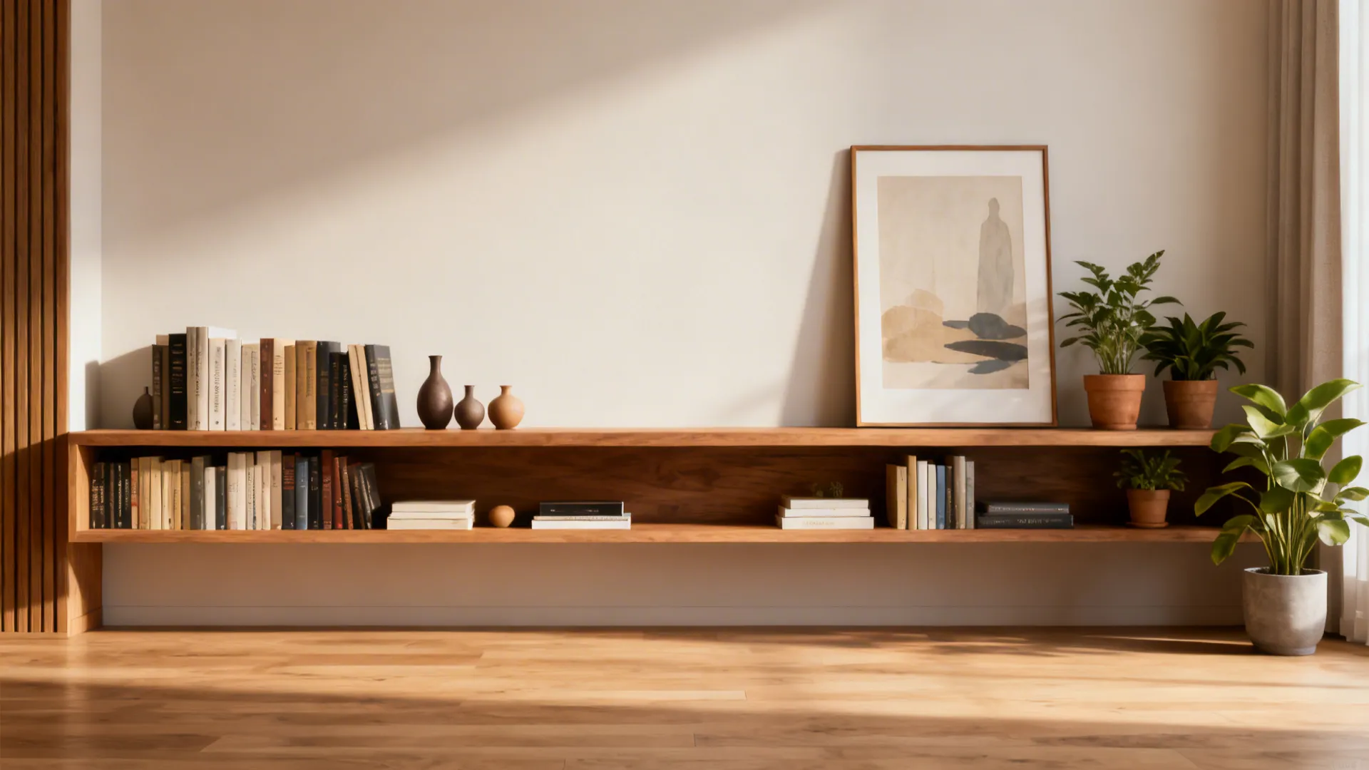 Wooden shelf with books vases and plants on white wall in bright warm natural light