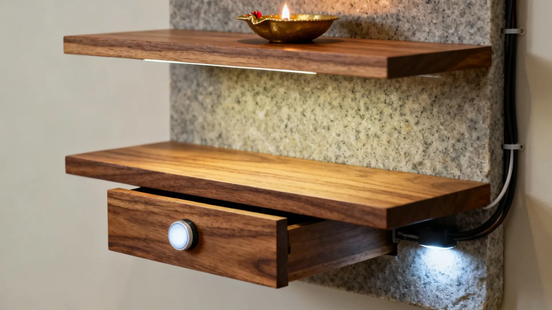 Macro view of floating shelves over a stone backer with a concealed drawer and soft LED lighting.