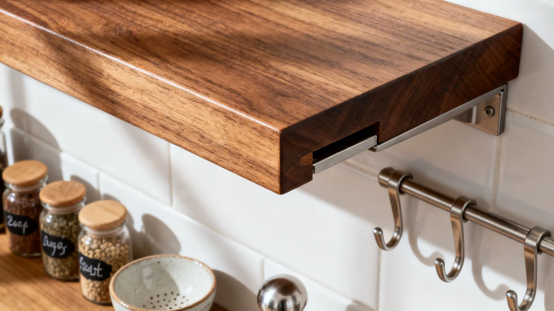 Macro detail of sealed oak floating shelf with hidden bracket and fine wood grain.