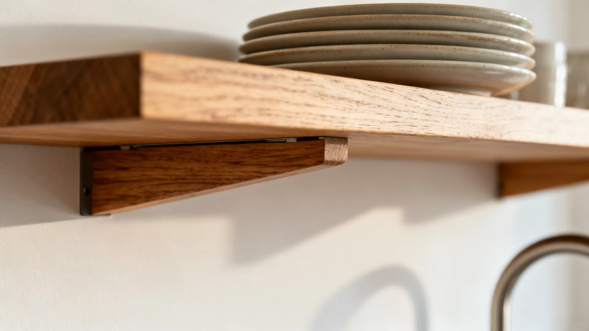 Macro of a floating oak kitchen shelf with hidden bracket and stacked plates.