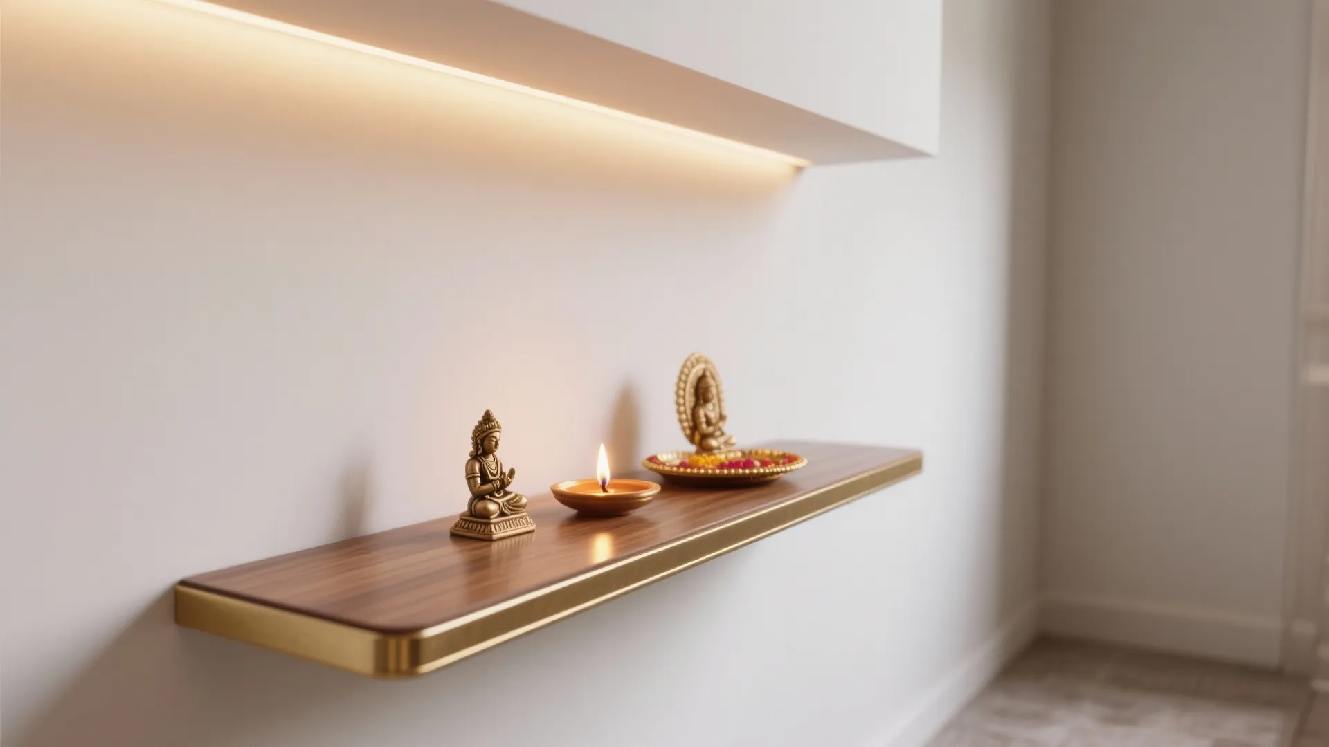 Modern wood floating shelf with golden small statues and a candle under a warm light