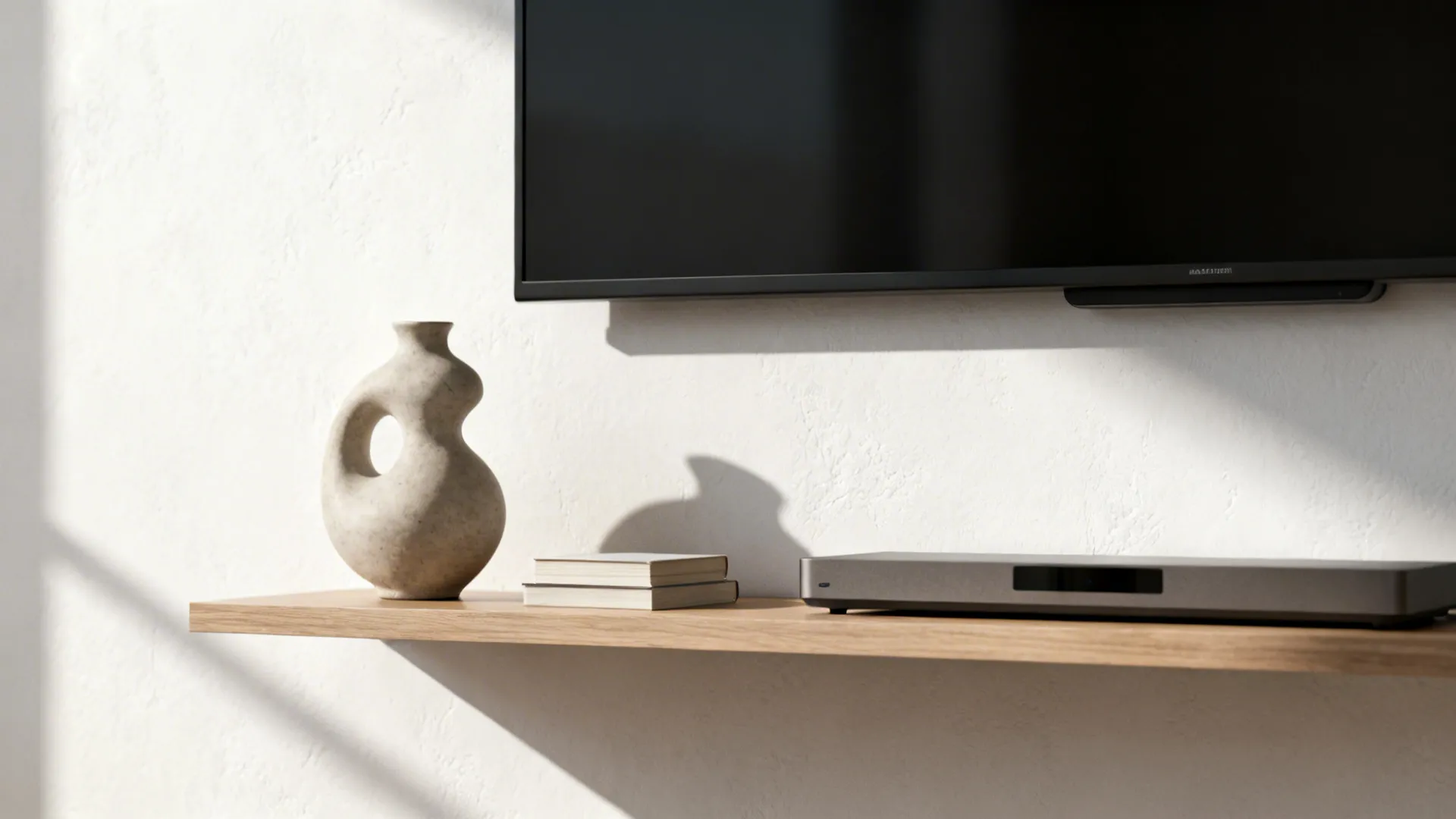 Minimal floating shelf under a TV with a vase, books, and media box