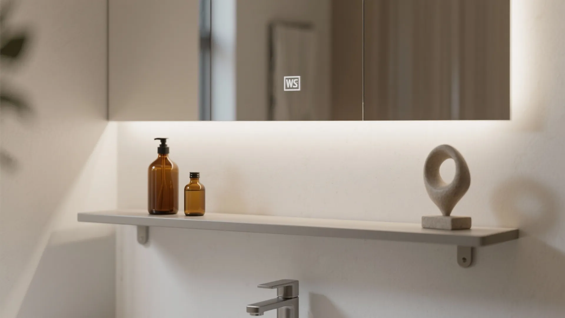 Bathroom mirror with narrow floating shelf below holding amber bottles
