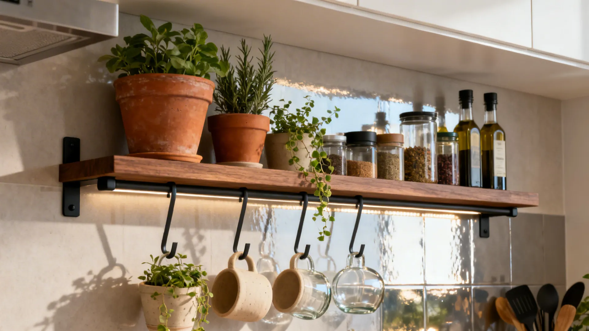 Narrow floating shelf with terracotta pots and lighter hanging clay and glass planters in a compact kitchen.