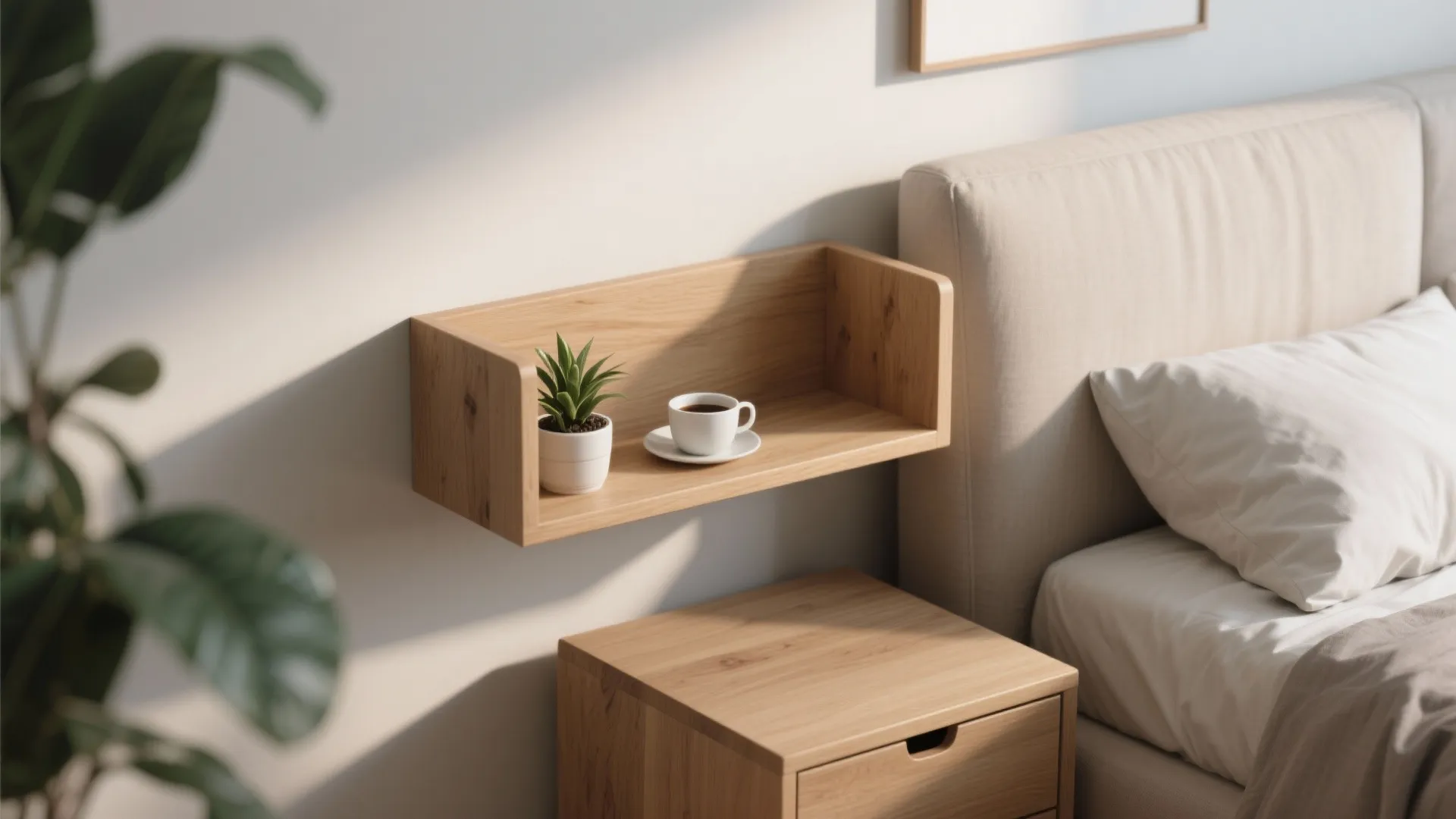 Wooden floating shelf above a bedside table holding a small plant and white coffee cup