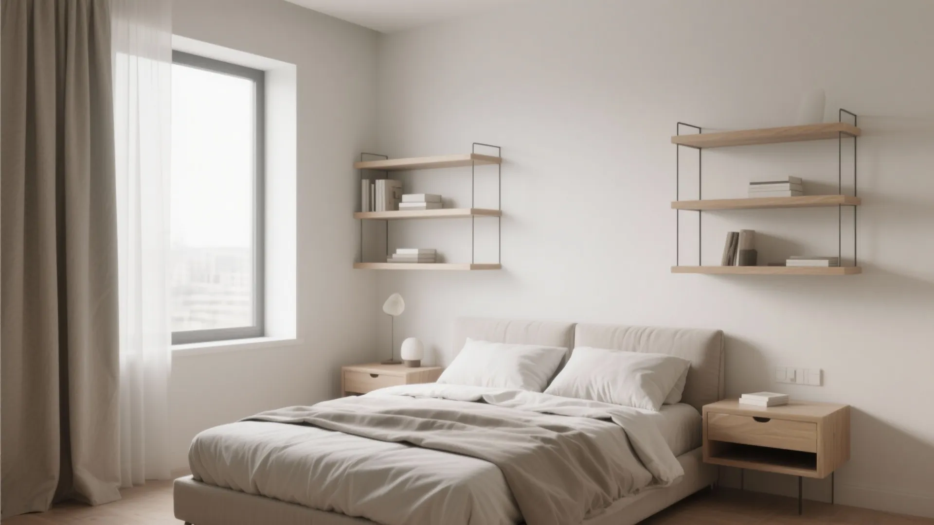 Minimalist beige bedroom with wooden floating wall shelves matching side tables white bed and window