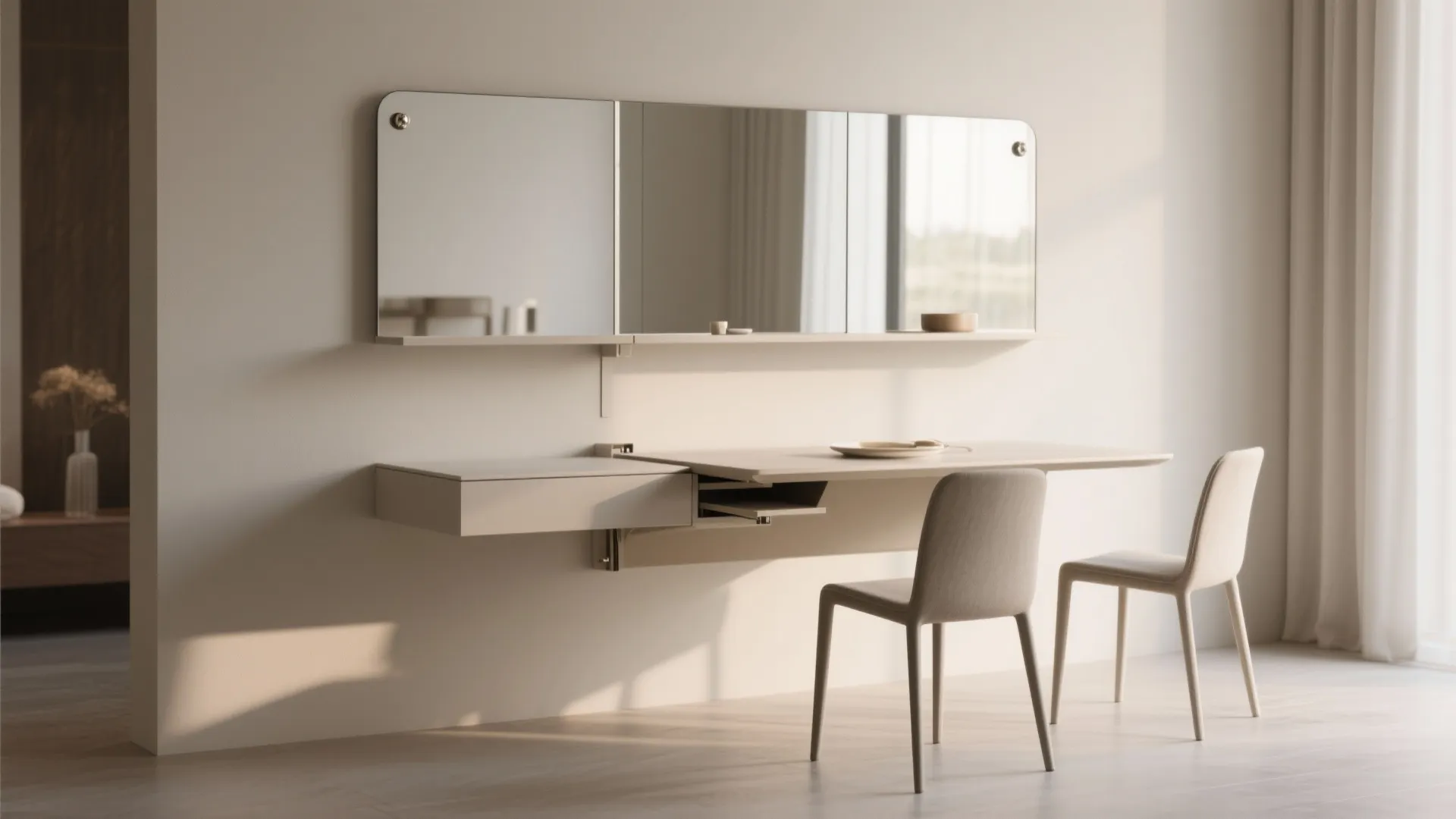 4. Floating shelf dining nook with mirrors