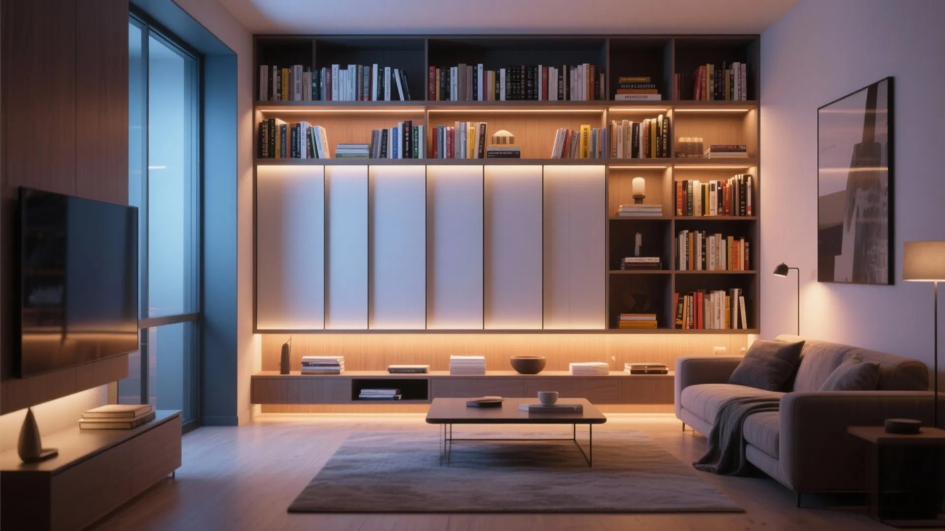 5. Floating Shelf Partition with Sliding Panels