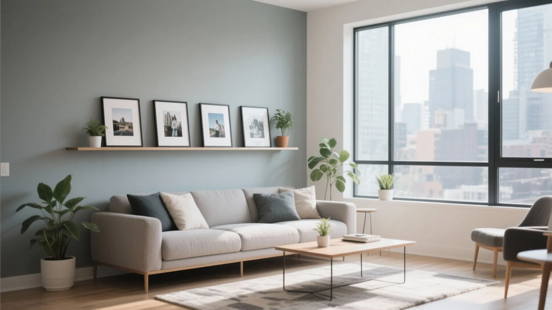 Floating shelf above sofa displaying 4x6 framed photos and plants