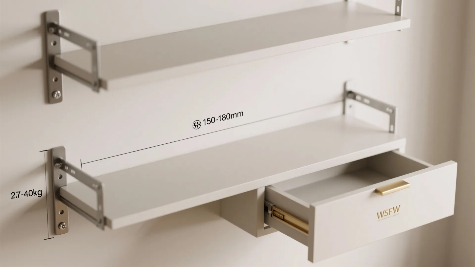 Floating Shelves with Concealed Drawer and Bell Rail