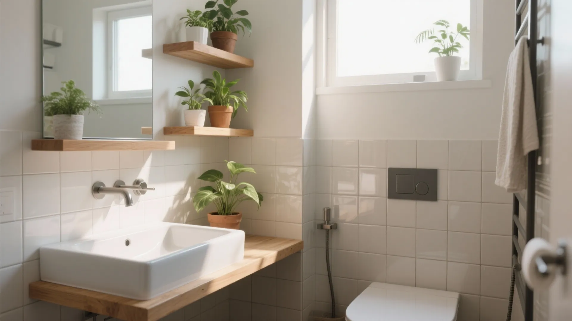 Bright bathroom with white sink, wooden floating shelves, green potted plants, and natural window light