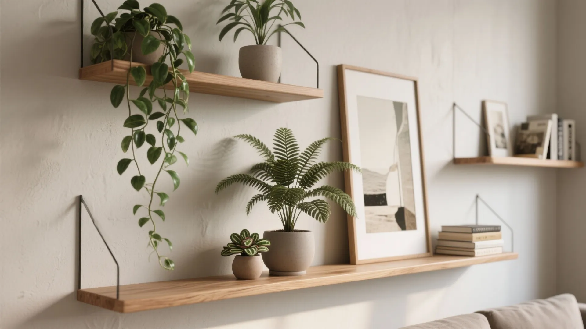 Wooden floating shelves on a white wall featuring green potted plants and framed picture decor