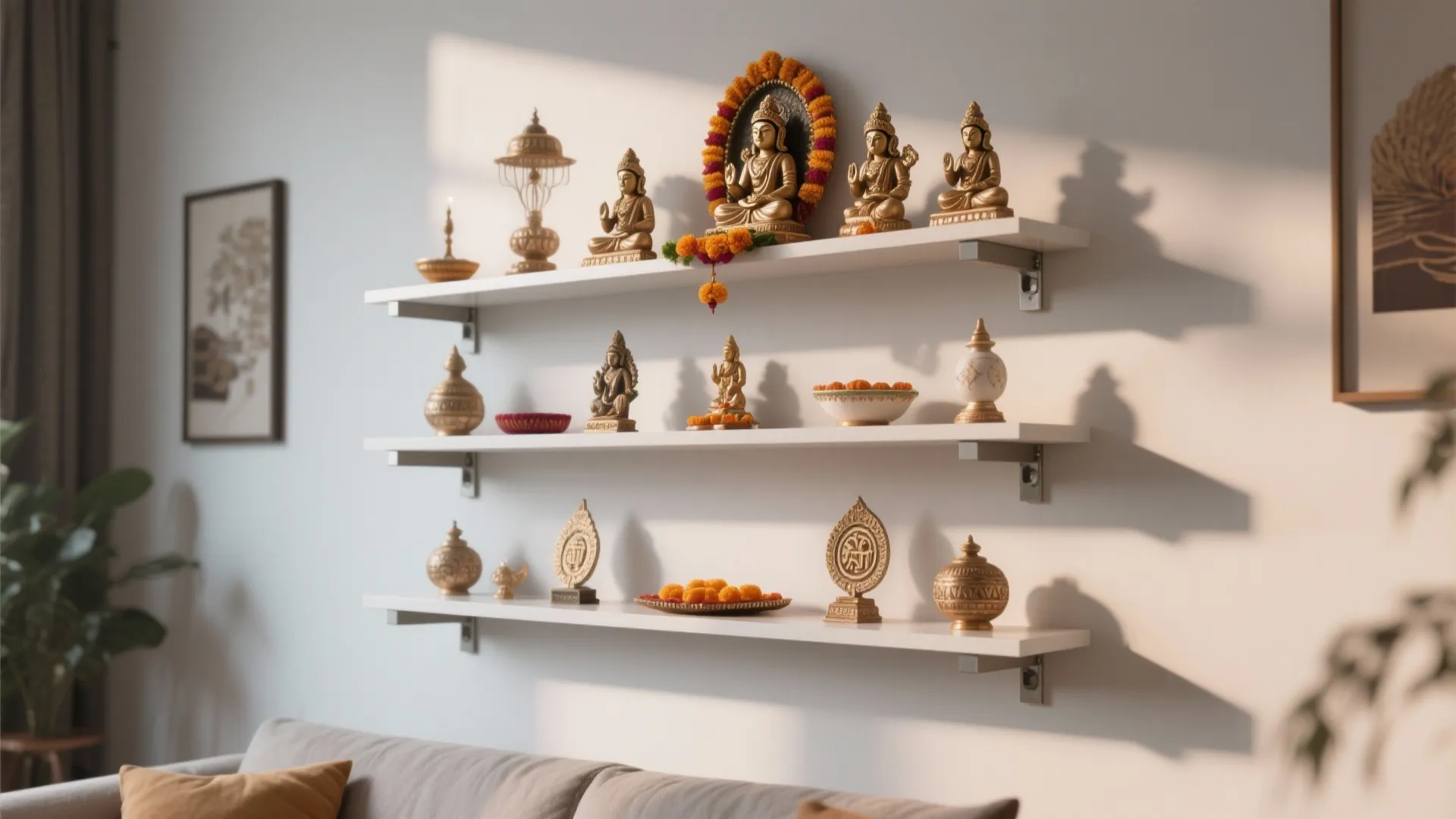 Three white wall shelves holding golden religious statues and decorations above a modern grey sofa