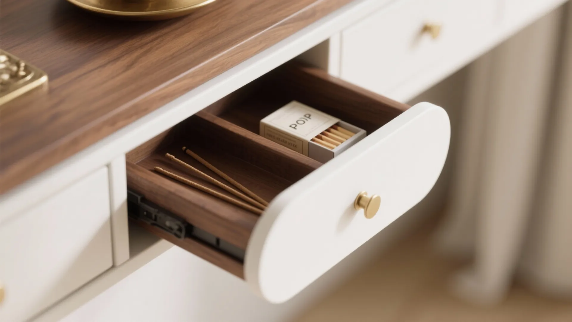 Open white drawer with wood interior containing matches and sticks on a dark wood desk