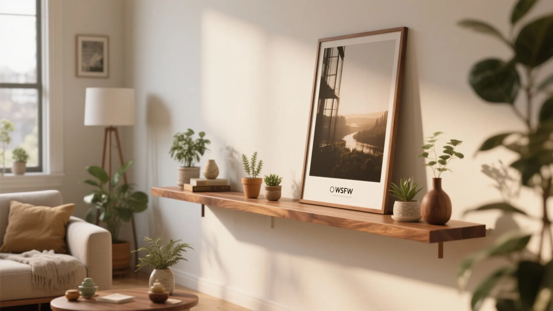 40x20 poster leaning on walnut floating shelf with plants