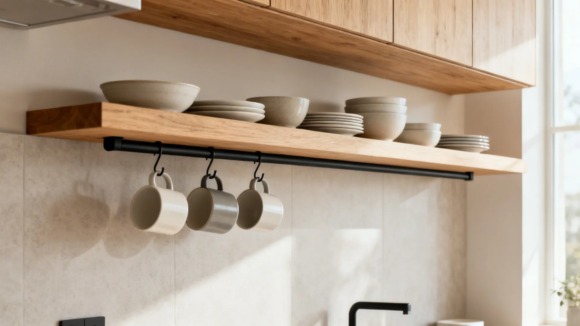 Shallow oak floating shelves with a black rail and S-hooks holding mugs in a light kitchen.