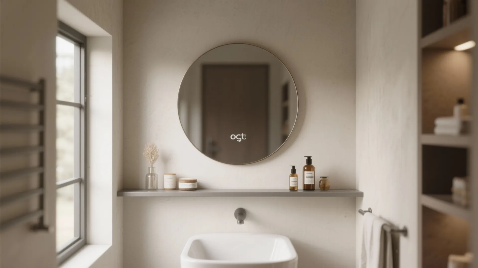 Round mirror above a grey floating shelf with small bottles and white sink in minimalist bathroom