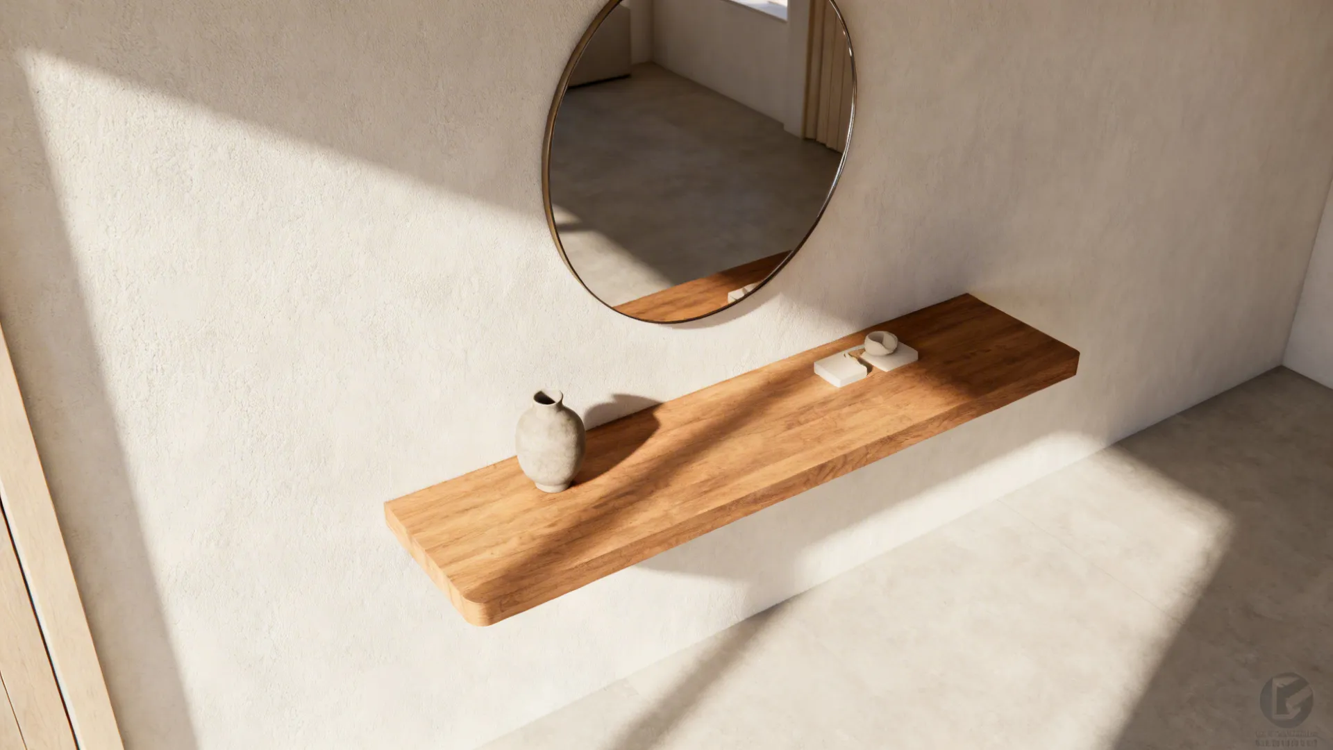 Floating shelf acting as a mini table under a round mirror, styled with a small vase.