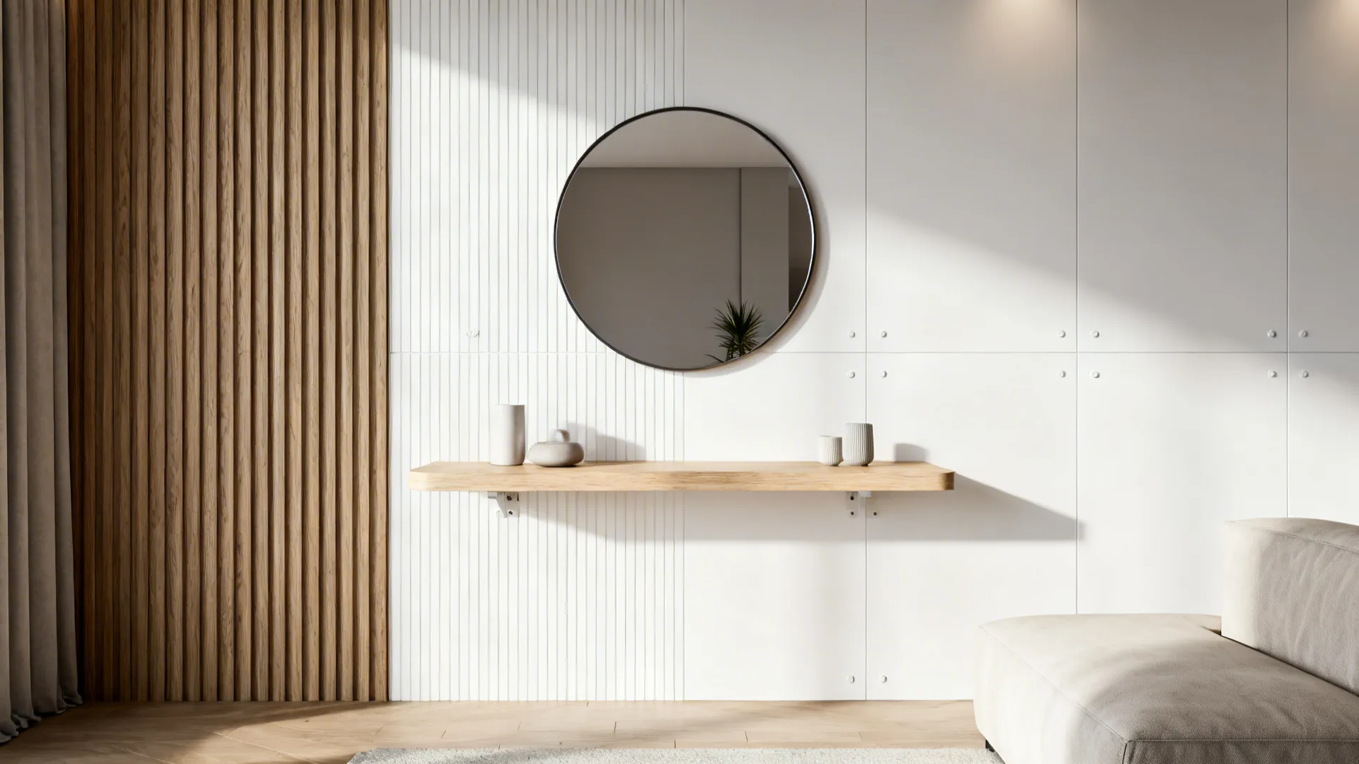 Wall-mounted floating shelf table with a round mirror and minimal decor in a modern lounge.