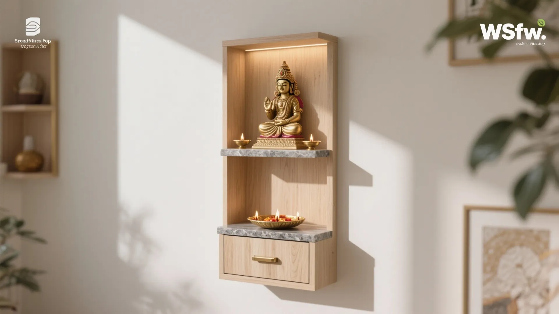 3) Floating shelves + concealed drawer to banish clutter