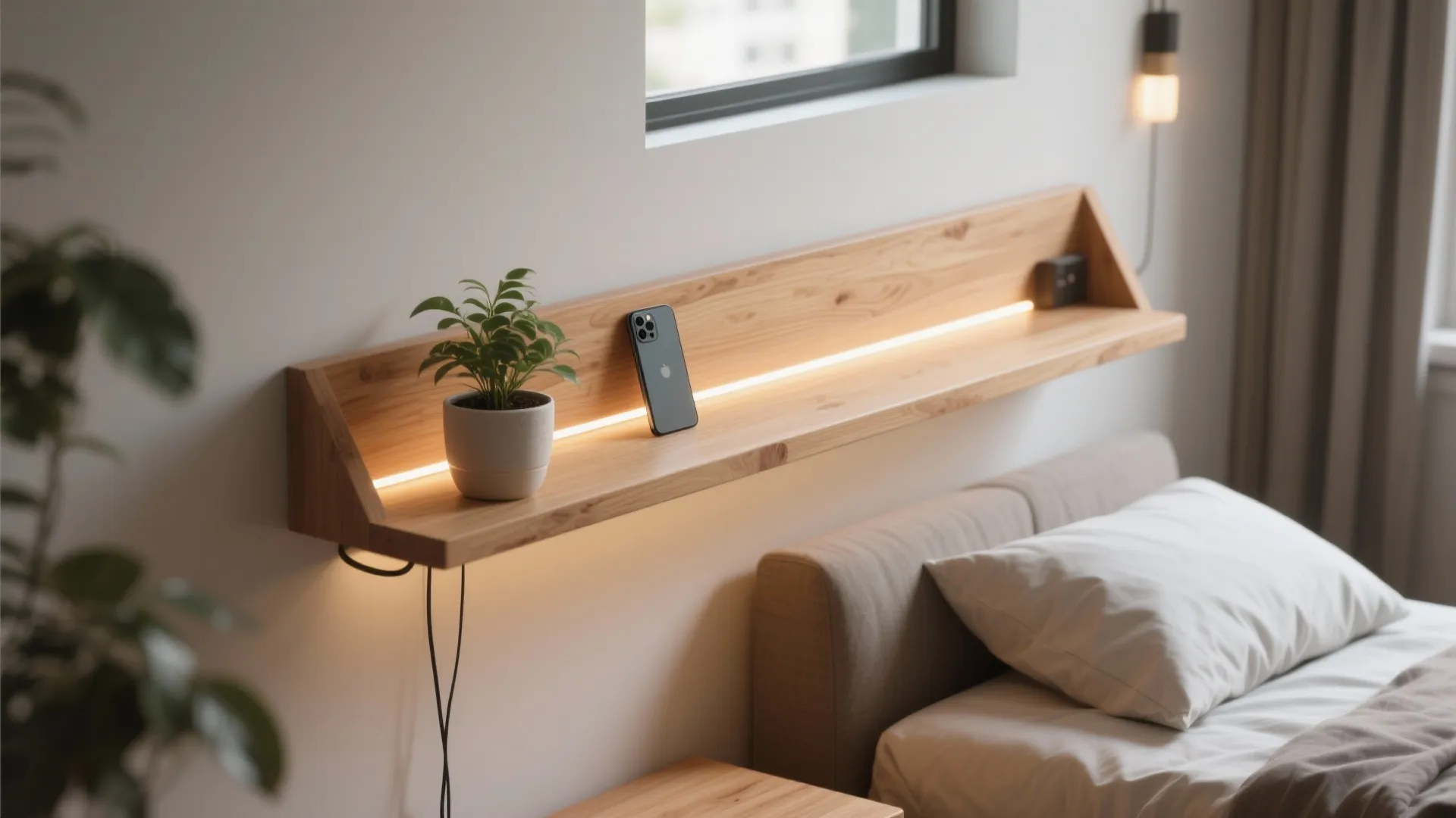 1. Floating wood shelf sconce