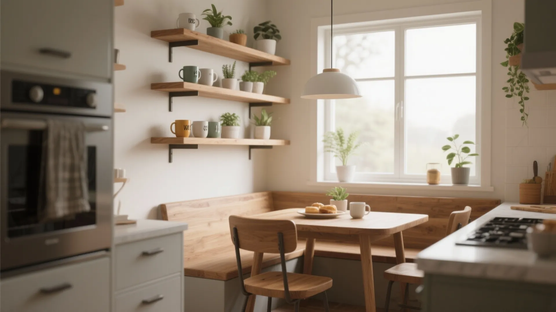 Cozy kitchen breakfast nook with wooden table wooden bench green plants and white ceiling light