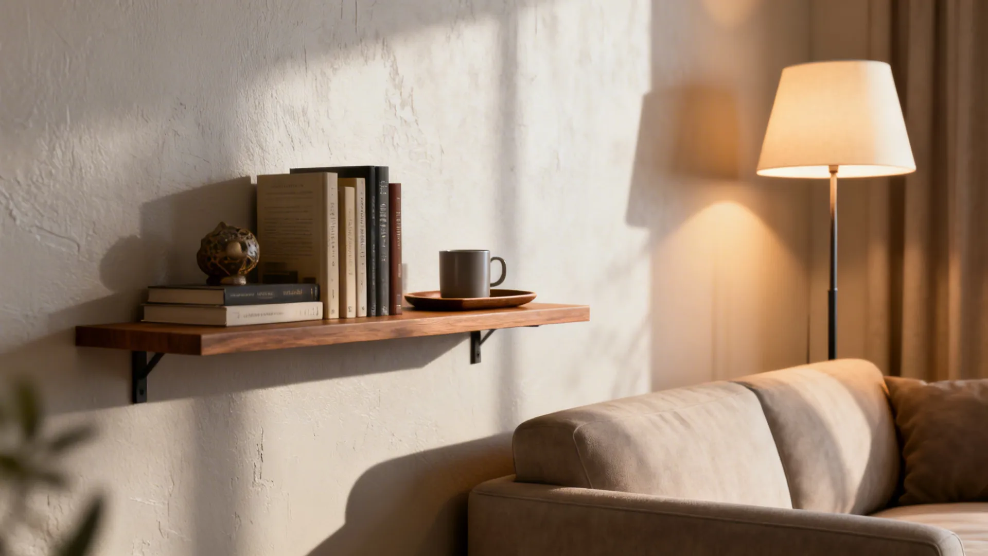 Floating wall shelf beside a sofa holding books and a mug, with a floor lamp nearby.