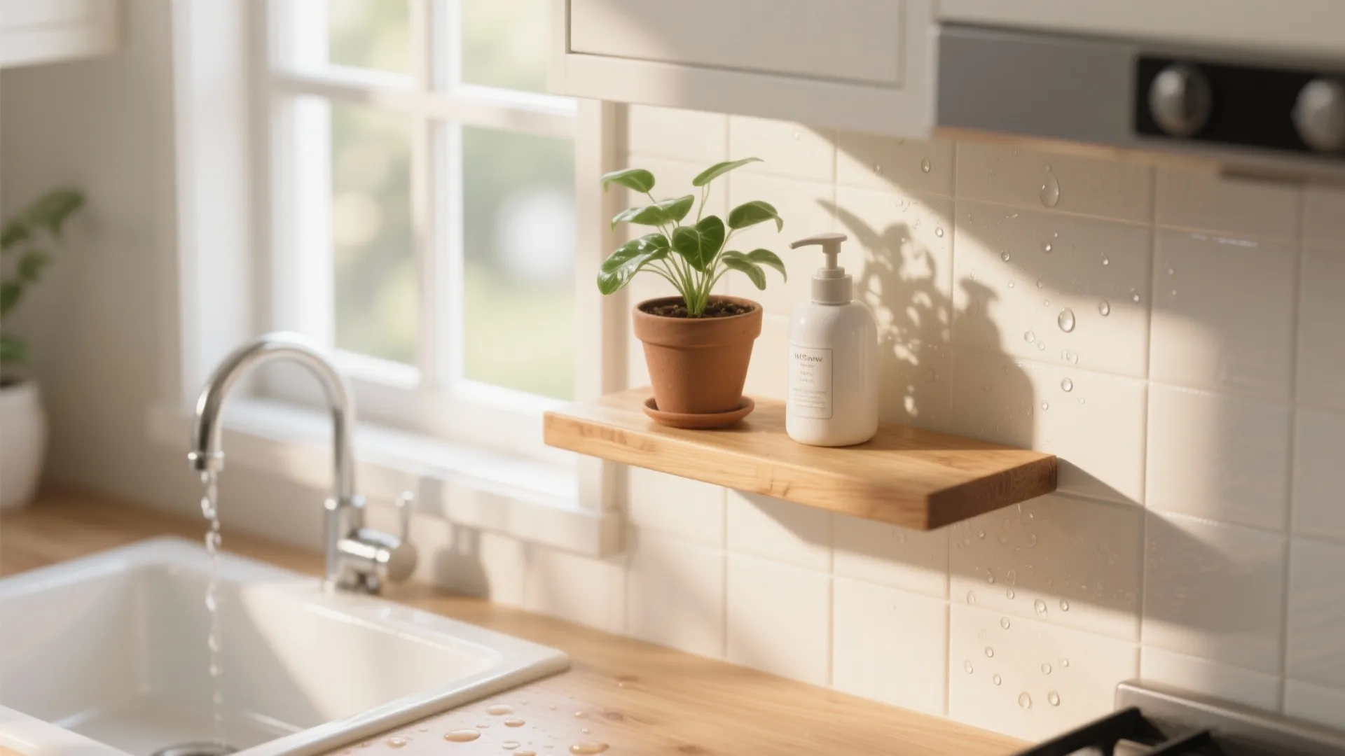 Small wooden floating shelf on white tiled wall holding green potted plant and soap bottle