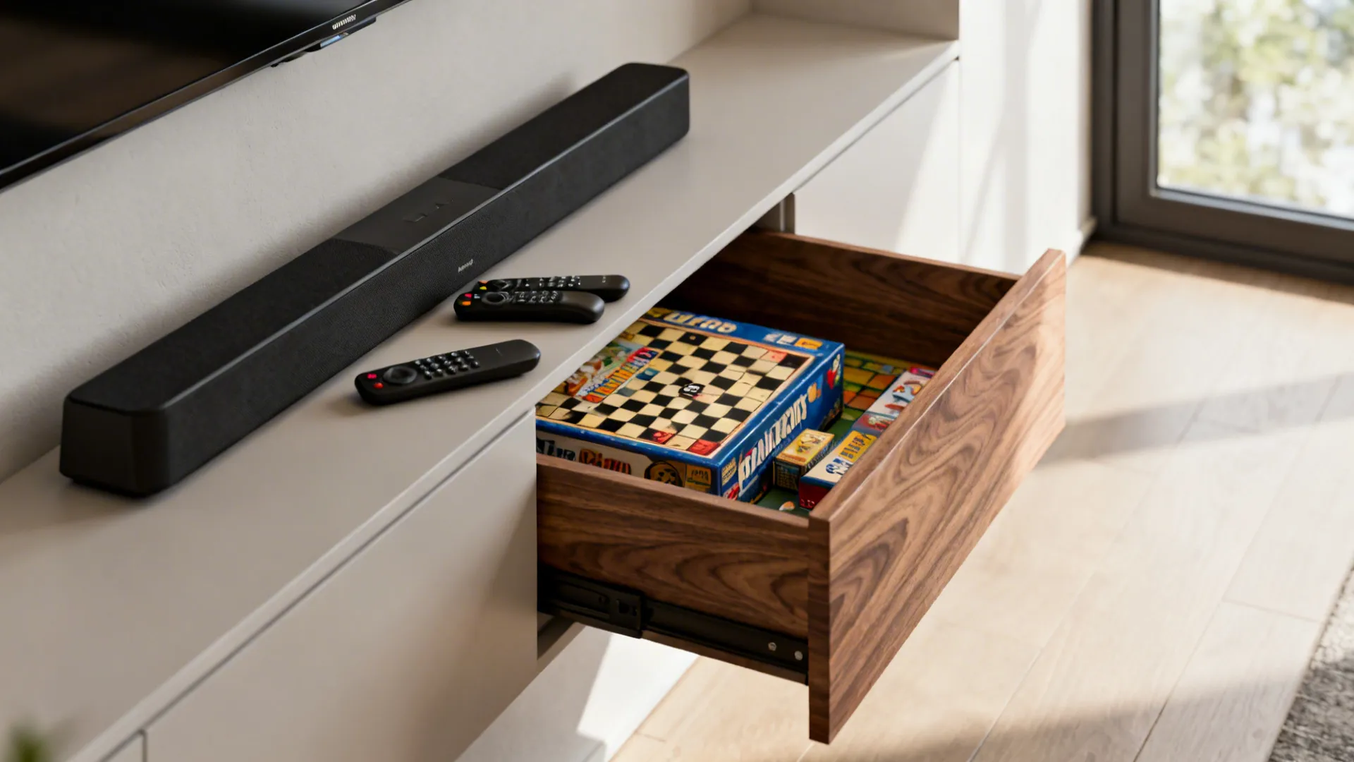 Close-up of a floating corner shelf with hidden storage, soundbar, and neatly stored board games.