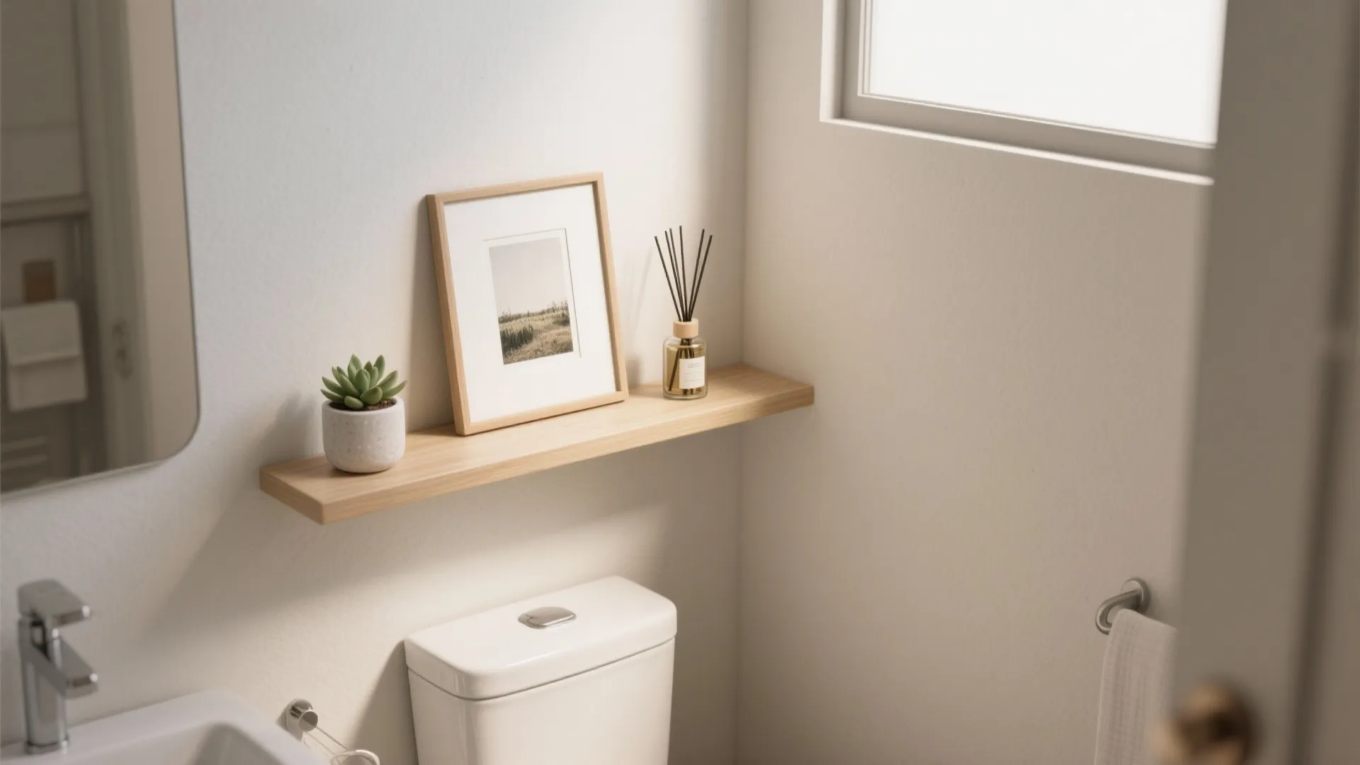 Wooden shelf above a white toilet decorated with a small plant, picture frame, and diffuser