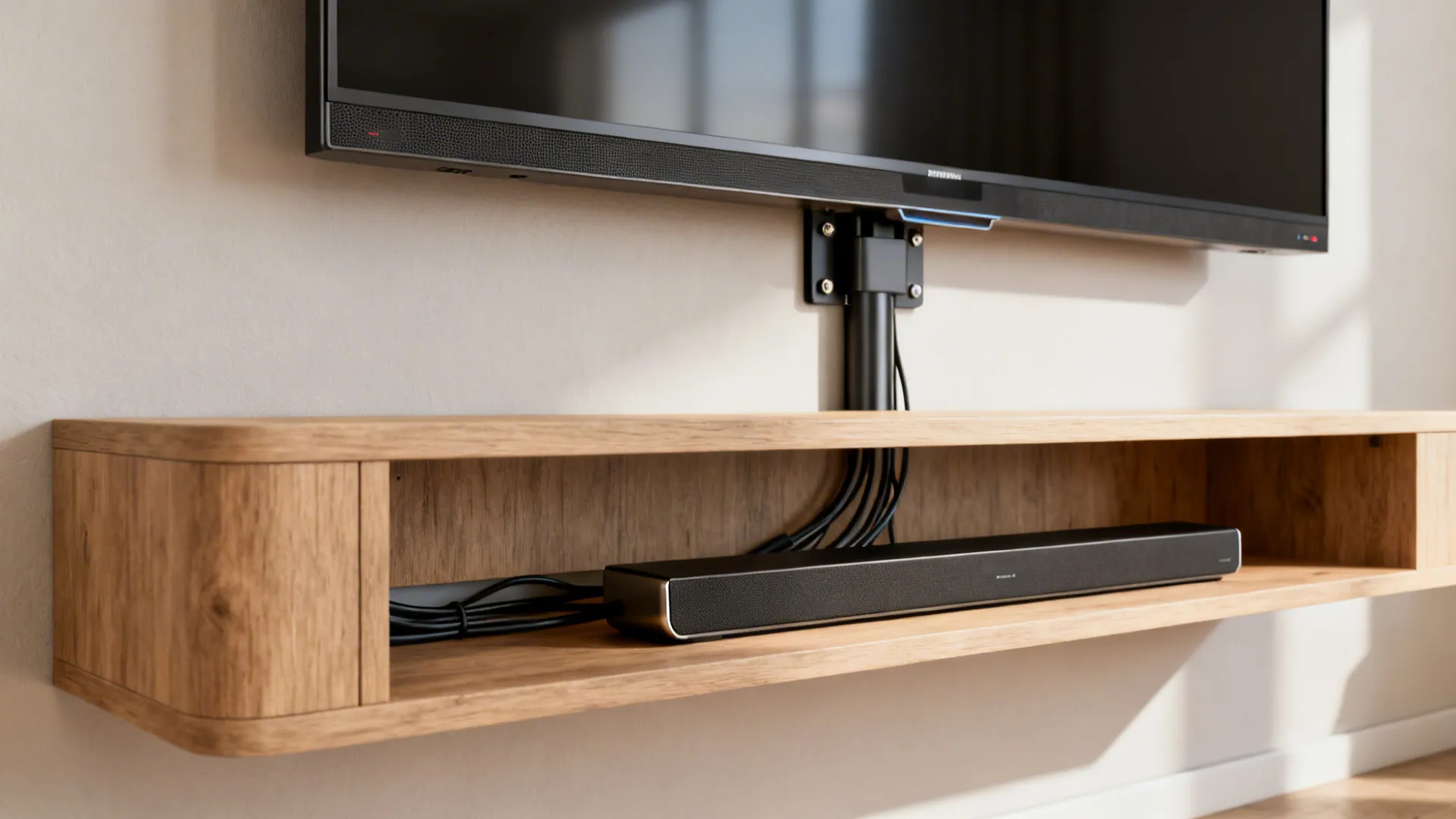 Floating media shelf with swivel-mounted TV, hidden cables and a soundbar on a light wood shelf.