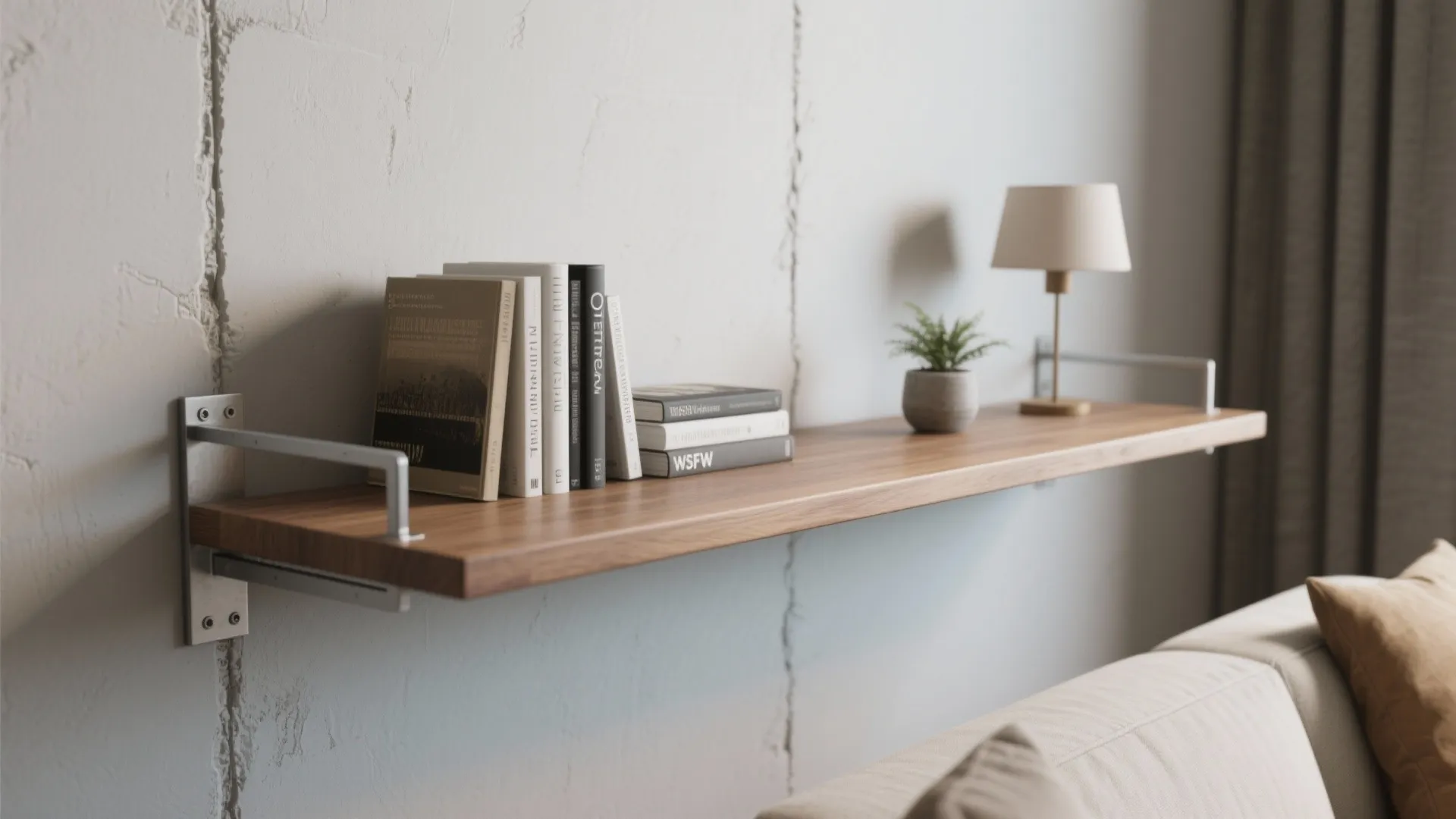 Floating 2-inch thick wood shelf-table mounted behind a sofa with lamp and books, airy and modern.