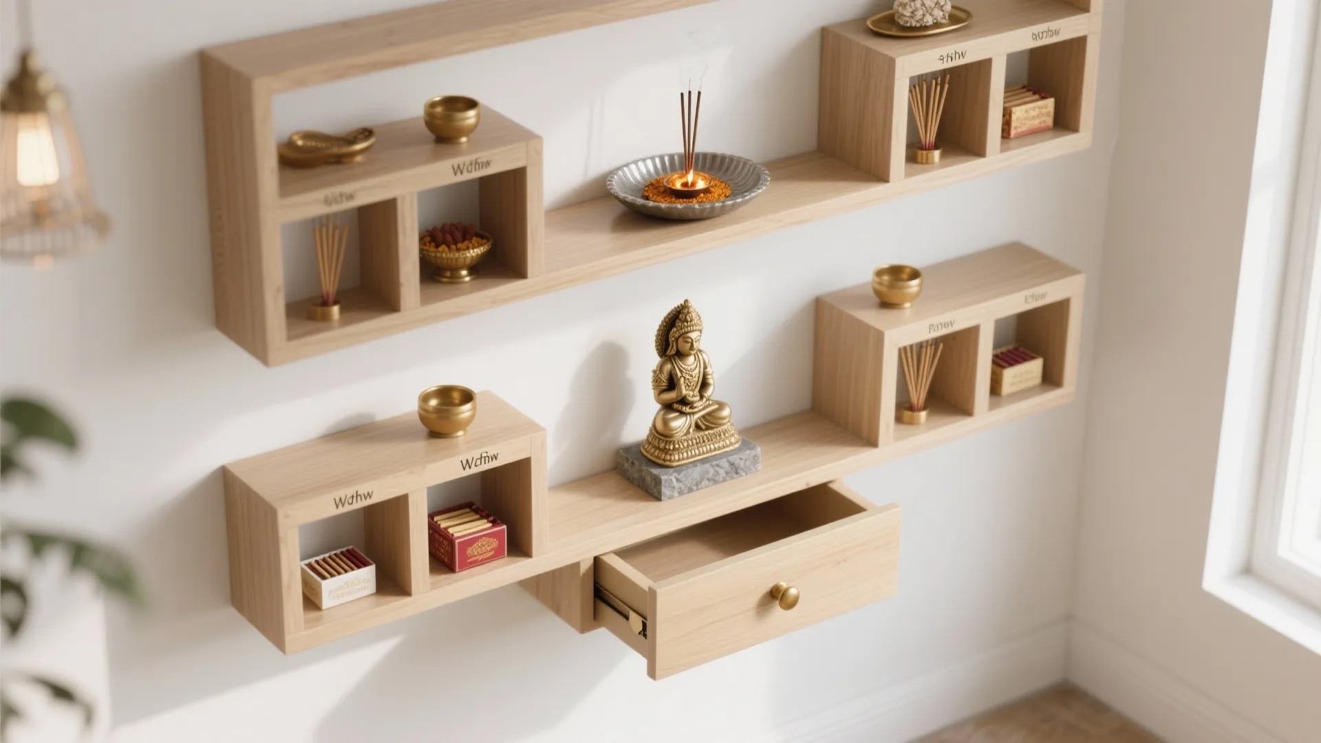 3) Floating shelves + concealed drawer to banish clutter